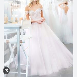 Hayley Paige Occasions Blush Off-Shoulder Gown